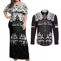 Aotearoa Waitangi Day - Toitu Te Tiriti Couples Matching Off Shoulder Maxi Dress and Long Sleeve Button Shirt New Zealand Honour the Treaty LT03 Black - Polynesian Pride