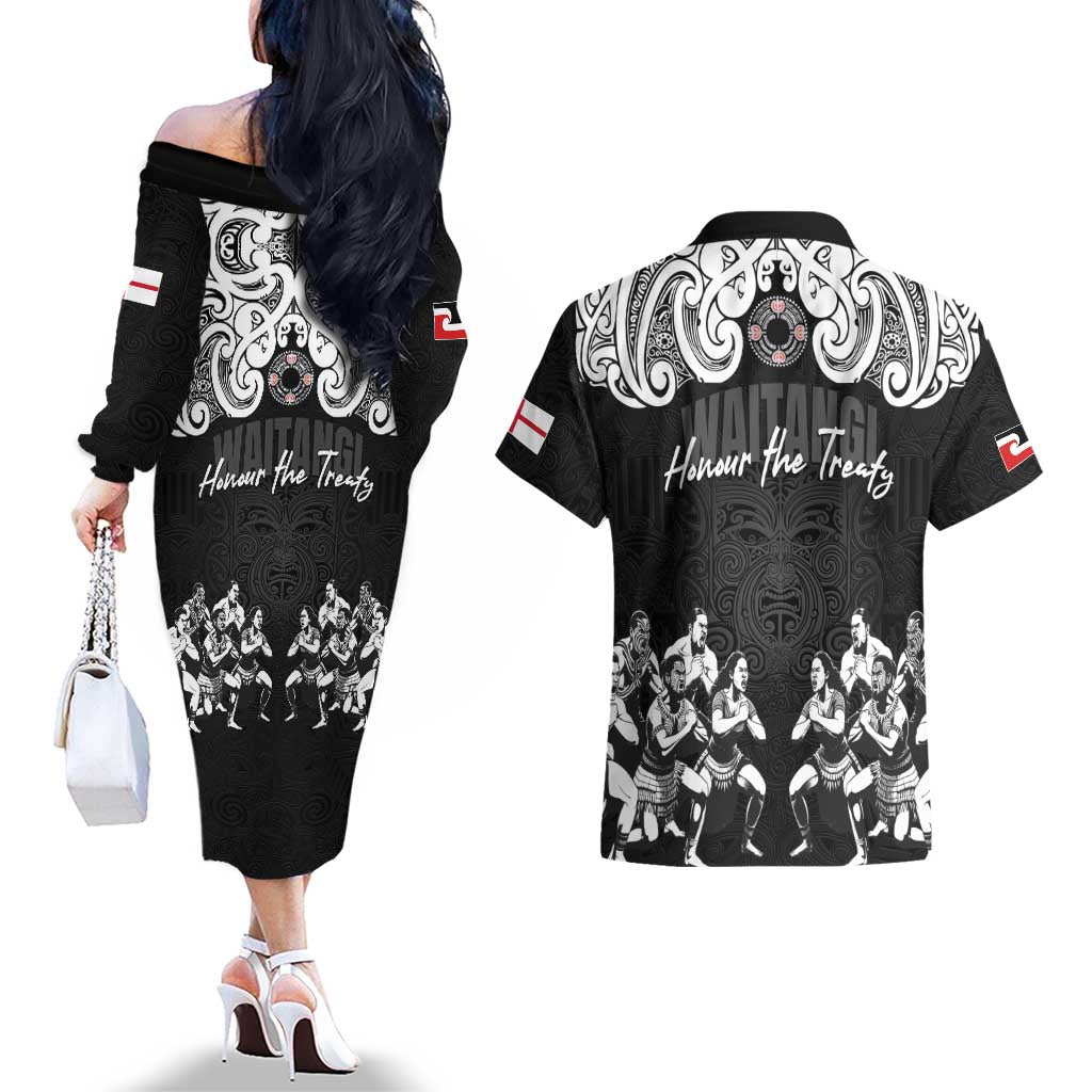 Aotearoa Waitangi Day - Toitu Te Tiriti Couples Matching Off The Shoulder Long Sleeve Dress and Hawaiian Shirt New Zealand Honour the Treaty LT03 - Polynesian Pride