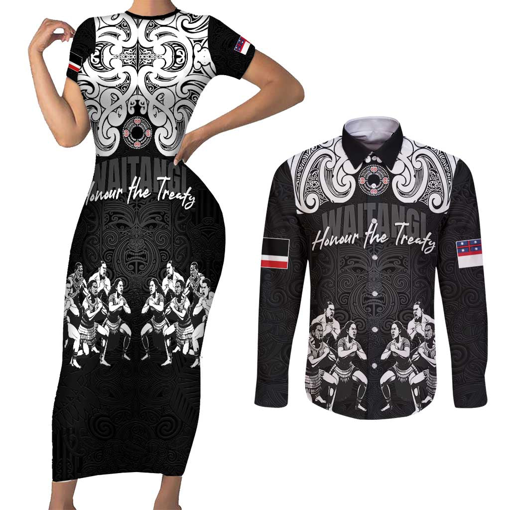 Aotearoa Waitangi Day - Toitu Te Tiriti Couples Matching Short Sleeve Bodycon Dress and Long Sleeve Button Shirt New Zealand Honour the Treaty LT03 Black - Polynesian Pride