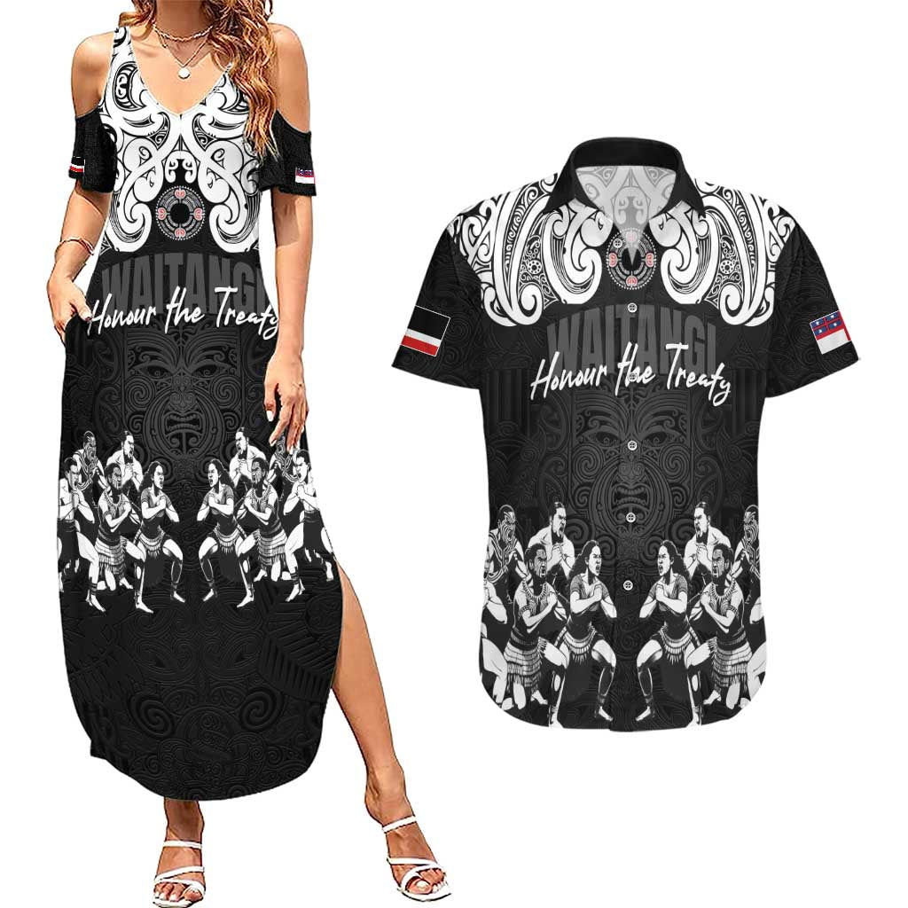 Aotearoa Waitangi Day - Toitu Te Tiriti Couples Matching Summer Maxi Dress and Hawaiian Shirt New Zealand Honour the Treaty LT03 Black - Polynesian Pride
