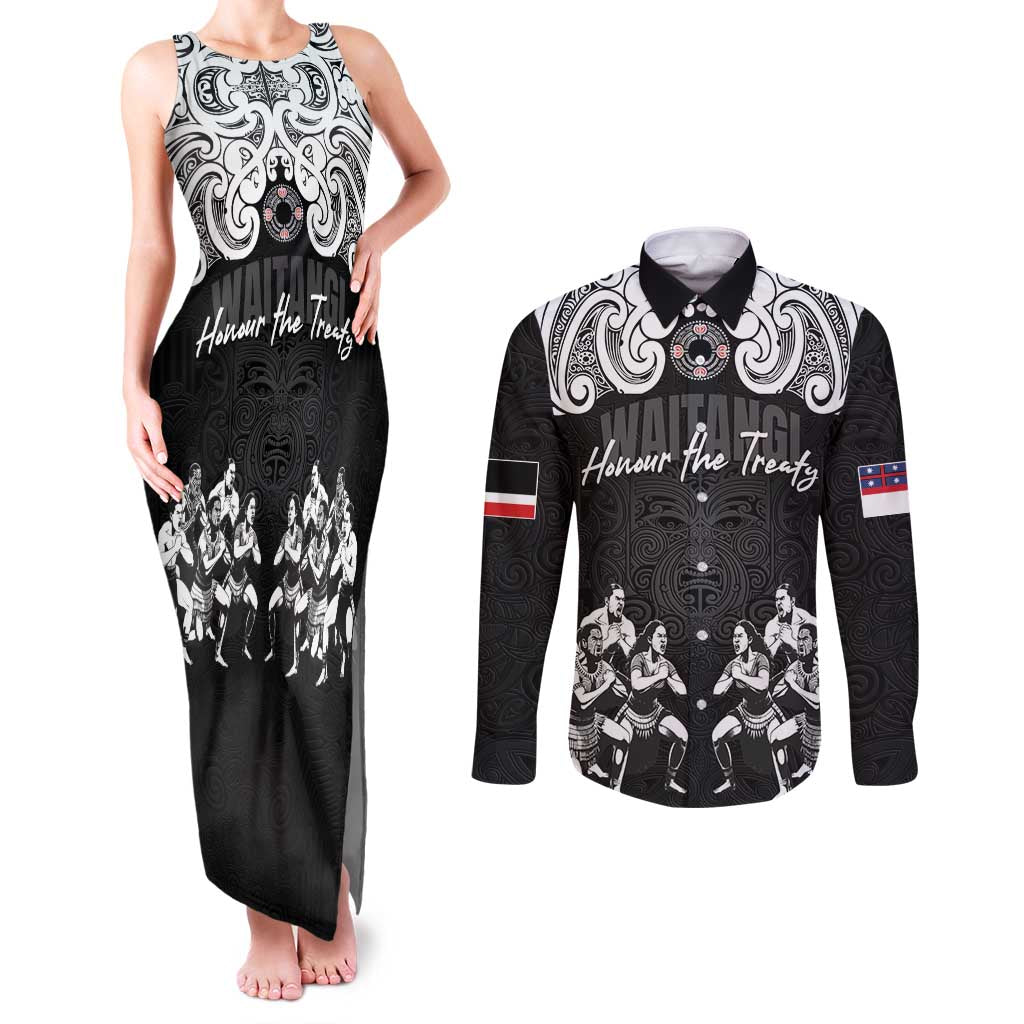 Aotearoa Waitangi Day - Toitu Te Tiriti Couples Matching Tank Maxi Dress and Long Sleeve Button Shirt New Zealand Honour the Treaty LT03 Black - Polynesian Pride