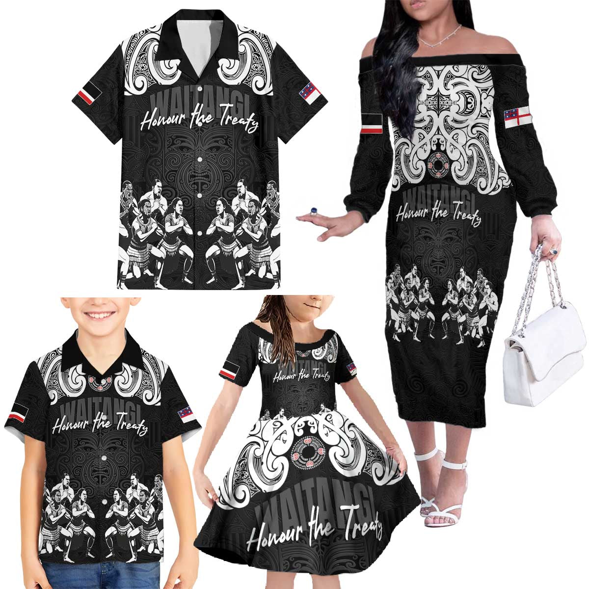 Aotearoa Waitangi Day - Toitu Te Tiriti Family Matching Off The Shoulder Long Sleeve Dress and Hawaiian Shirt New Zealand Honour the Treaty LT03 - Polynesian Pride