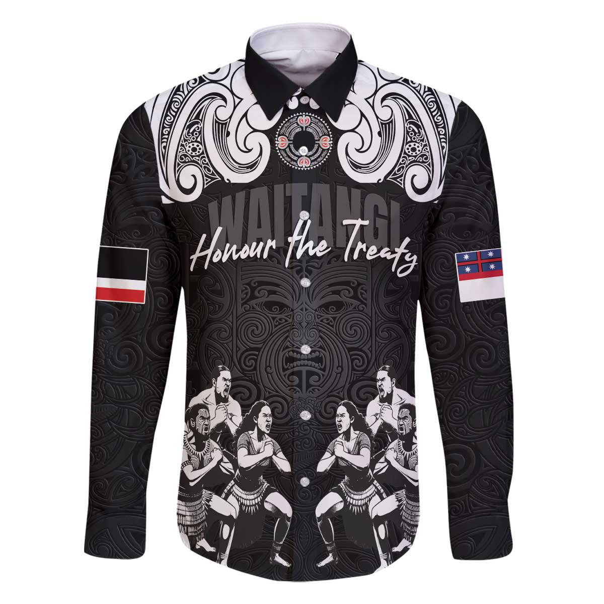 Aotearoa Waitangi Day - Toitu Te Tiriti Family Matching Off The Shoulder Long Sleeve Dress and Hawaiian Shirt New Zealand Honour the Treaty LT03 Dad's Shirt - Long Sleeve Black - Polynesian Pride