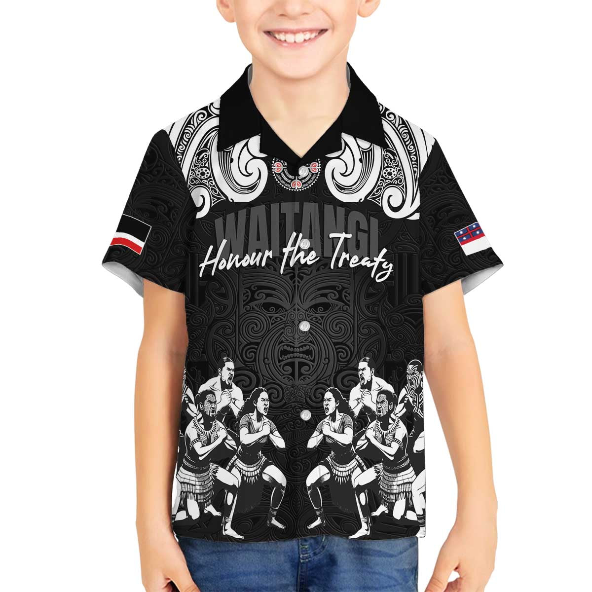Aotearoa Waitangi Day - Toitu Te Tiriti Family Matching Off The Shoulder Long Sleeve Dress and Hawaiian Shirt New Zealand Honour the Treaty LT03 Son's Shirt Black - Polynesian Pride