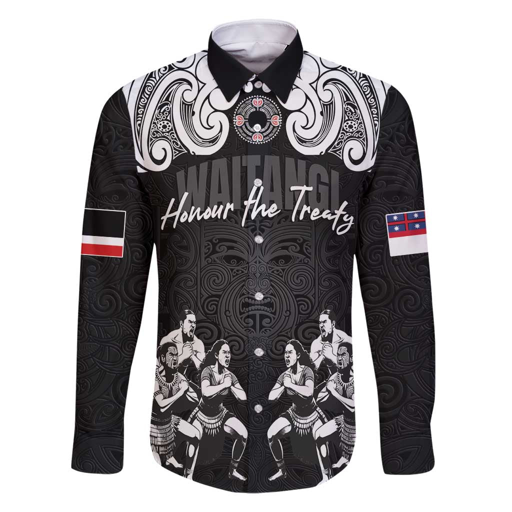 Aotearoa Waitangi Day - Toitu Te Tiriti Family Matching Off Shoulder Maxi Dress and Hawaiian Shirt New Zealand Honour the Treaty LT03 Dad's Shirt - Long Sleeve Black - Polynesian Pride