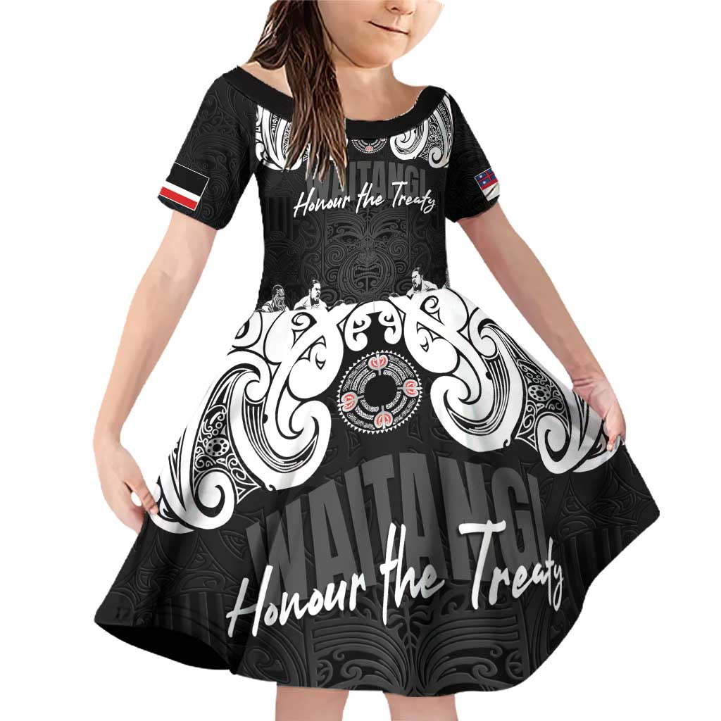Aotearoa Waitangi Day - Toitu Te Tiriti Family Matching Off Shoulder Short Dress and Hawaiian Shirt New Zealand Honour the Treaty LT03 Daughter's Dress Black - Polynesian Pride