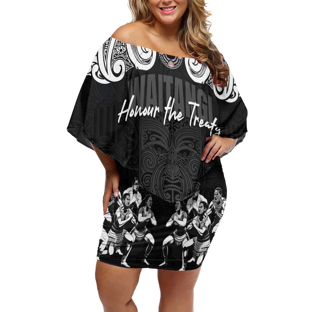 Aotearoa Waitangi Day - Toitu Te Tiriti Family Matching Off Shoulder Short Dress and Hawaiian Shirt New Zealand Honour the Treaty LT03 Mom's Dress Black - Polynesian Pride