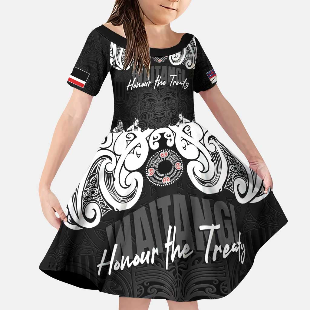 Aotearoa Waitangi Day - Toitu Te Tiriti Family Matching Puletasi and Hawaiian Shirt New Zealand Honour the Treaty LT03 Daughter's Dress Black - Polynesian Pride