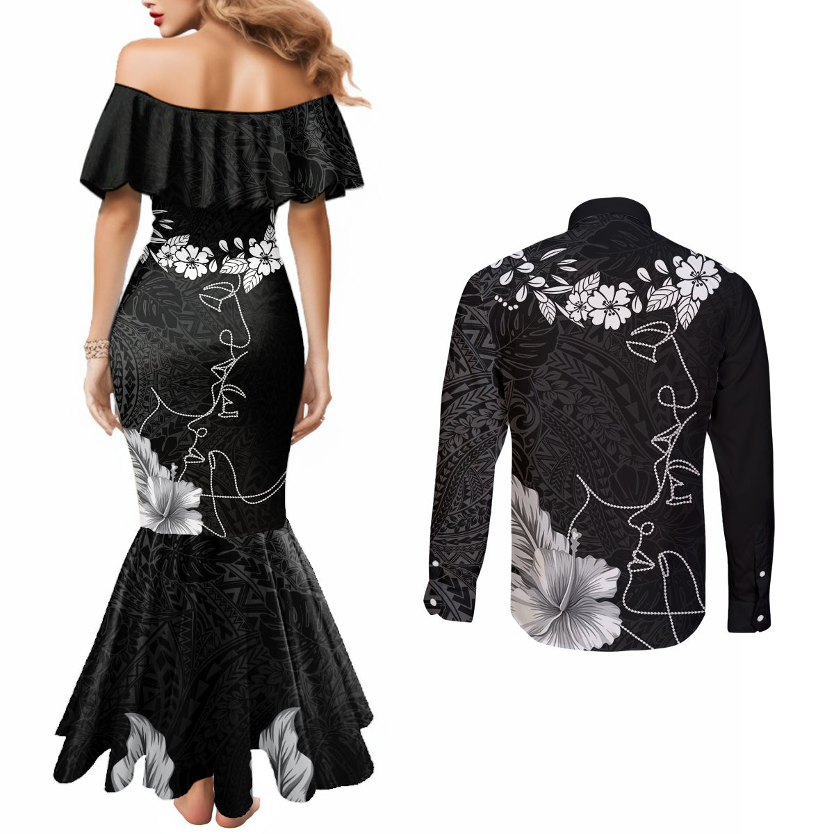 Hawaii Valentine Day Couples Matching Mermaid Dress and Long Sleeve Button Shirt Polynesian Line Art Love Couple Hibiscus Tribal Pattern LT03 - Polynesian Pride