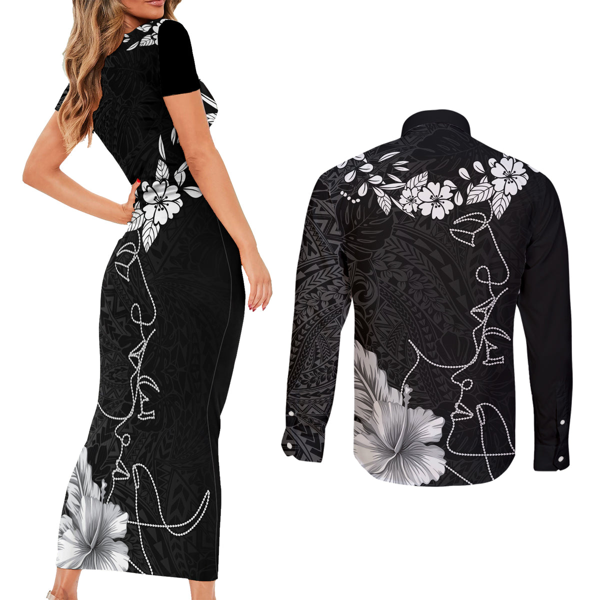 Hawaii Valentine Day Couples Matching Short Sleeve Bodycon Dress and Long Sleeve Button Shirt Polynesian Line Art Love Couple Hibiscus Tribal Pattern LT03 - Polynesian Pride