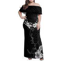 Hawaii Valentine Day Family Matching Off Shoulder Maxi Dress and Hawaiian Shirt Polynesian Line Art Love Couple Hibiscus Tribal Pattern LT03 Mom's Dress Black - Polynesian Pride