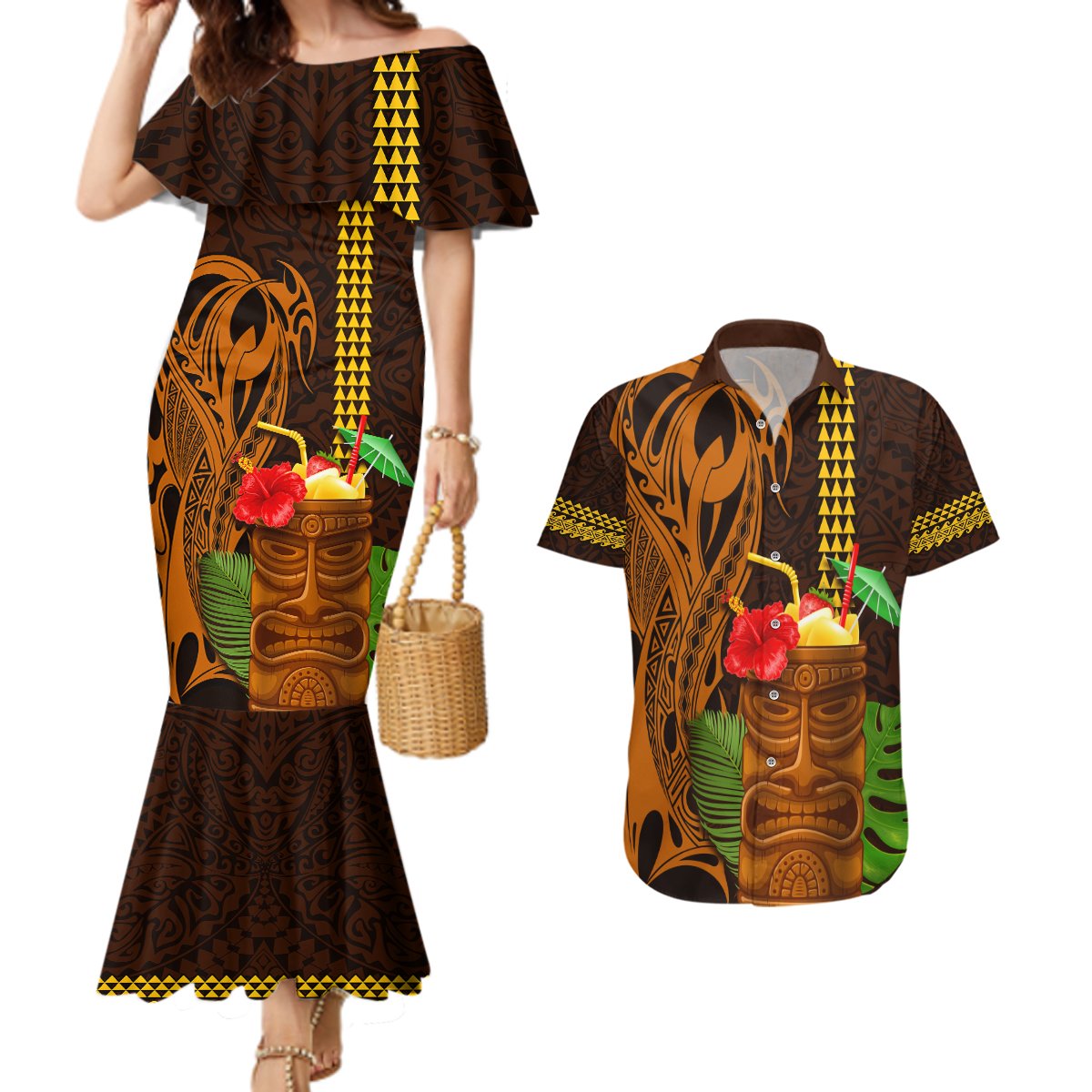 Hawaii Tiki Mask Cocktail Couples Matching Mermaid Dress and Hawaiian Shirt Kakau Tattoo LT03 Brown - Polynesian Pride