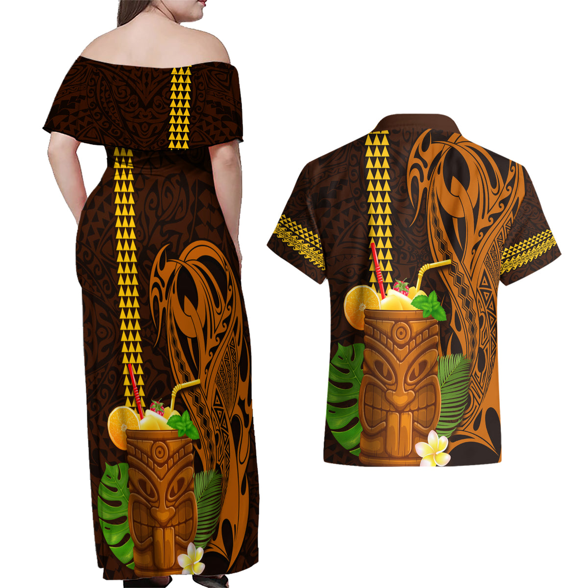Hawaii Tiki Mask Cocktail Couples Matching Off Shoulder Maxi Dress and Hawaiian Shirt Kakau Tattoo LT03 - Polynesian Pride