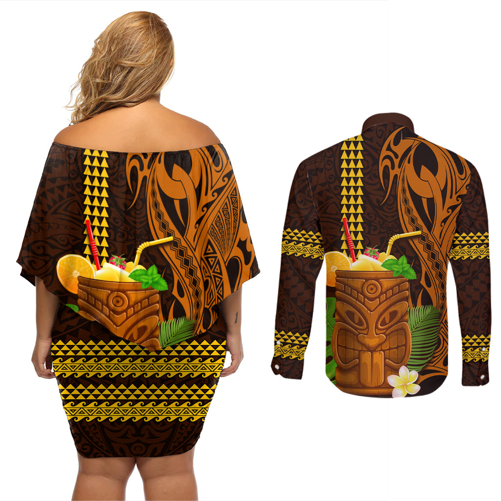 Hawaii Tiki Mask Cocktail Couples Matching Off Shoulder Short Dress and Long Sleeve Button Shirt Kakau Tattoo LT03 - Polynesian Pride