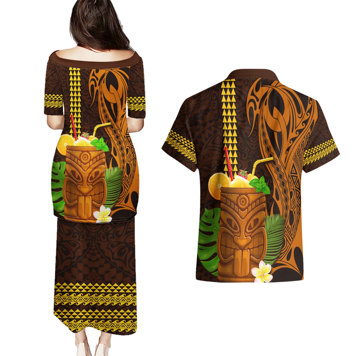 Hawaii Tiki Mask Cocktail Couples Matching Puletasi and Hawaiian Shirt Kakau Tattoo LT03 - Polynesian Pride