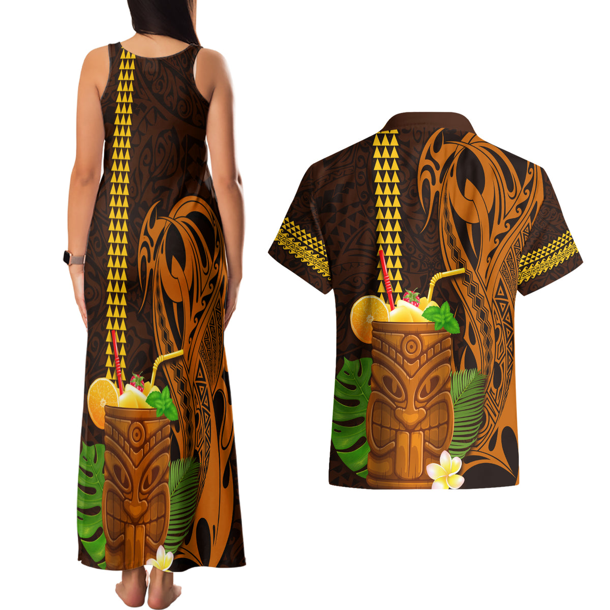 Hawaii Tiki Mask Cocktail Couples Matching Tank Maxi Dress and Hawaiian Shirt Kakau Tattoo LT03 - Polynesian Pride