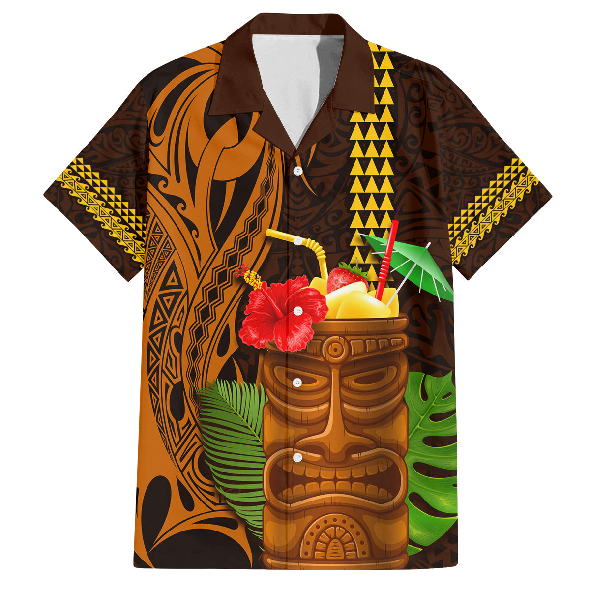 Hawaii Tiki Mask Cocktail Family Matching Long Sleeve Bodycon Dress and Hawaiian Shirt Kakau Tattoo LT03 Dad's Shirt - Short Sleeve Brown - Polynesian Pride