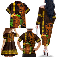 Hawaii Tiki Mask Cocktail Family Matching Off Shoulder Long Sleeve Dress and Hawaiian Shirt Kakau Tattoo LT03 - Polynesian Pride