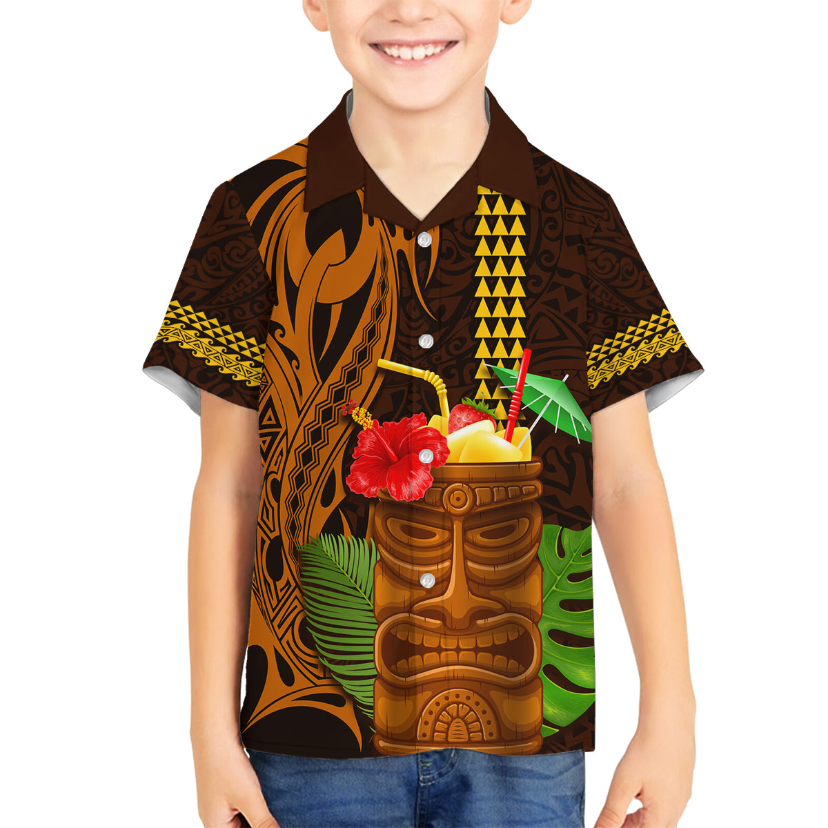 Hawaii Tiki Mask Cocktail Family Matching Off Shoulder Maxi Dress and Hawaiian Shirt Kakau Tattoo LT03 Son's Shirt Brown - Polynesian Pride
