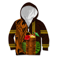 Hawaii Tiki Mask Cocktail Kid Hoodie Kakau Tattoo LT03 Zip Hoodie Brown - Polynesian Pride