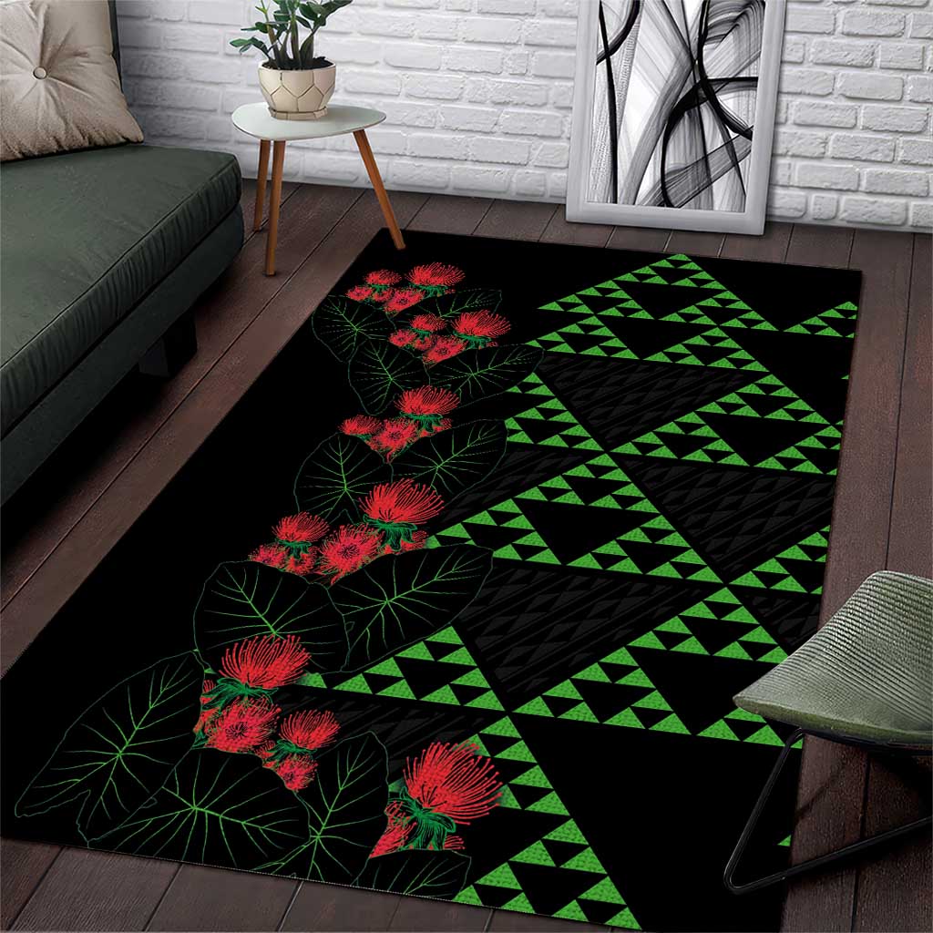 Hawaiian Green Kakau Art Tattoo-Ohia Lehua and Taro Leaves Area Rug LT03 Black-Green - Polynesian Pride
