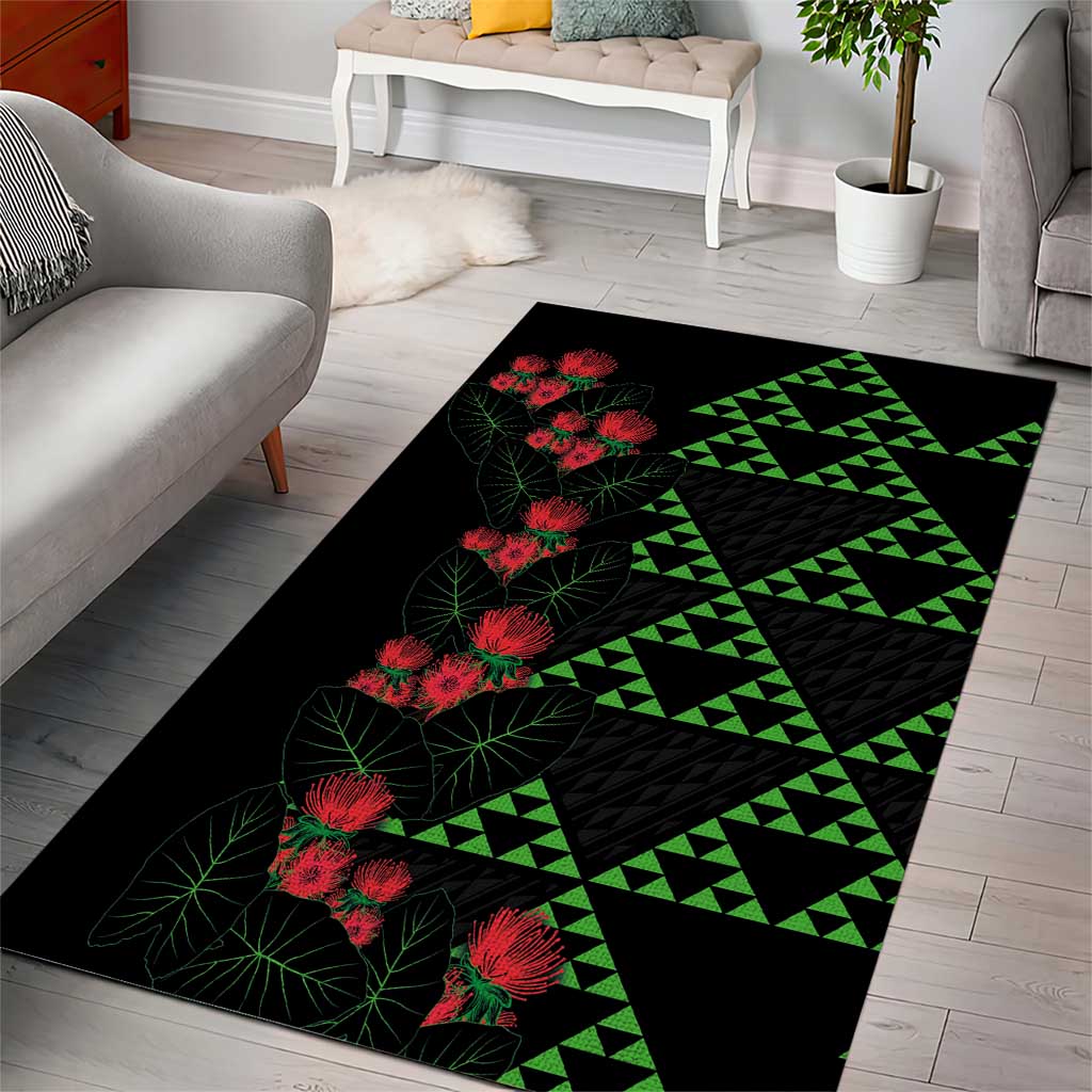 Hawaiian Green Kakau Art Tattoo-Ohia Lehua and Taro Leaves Area Rug LT03 - Polynesian Pride