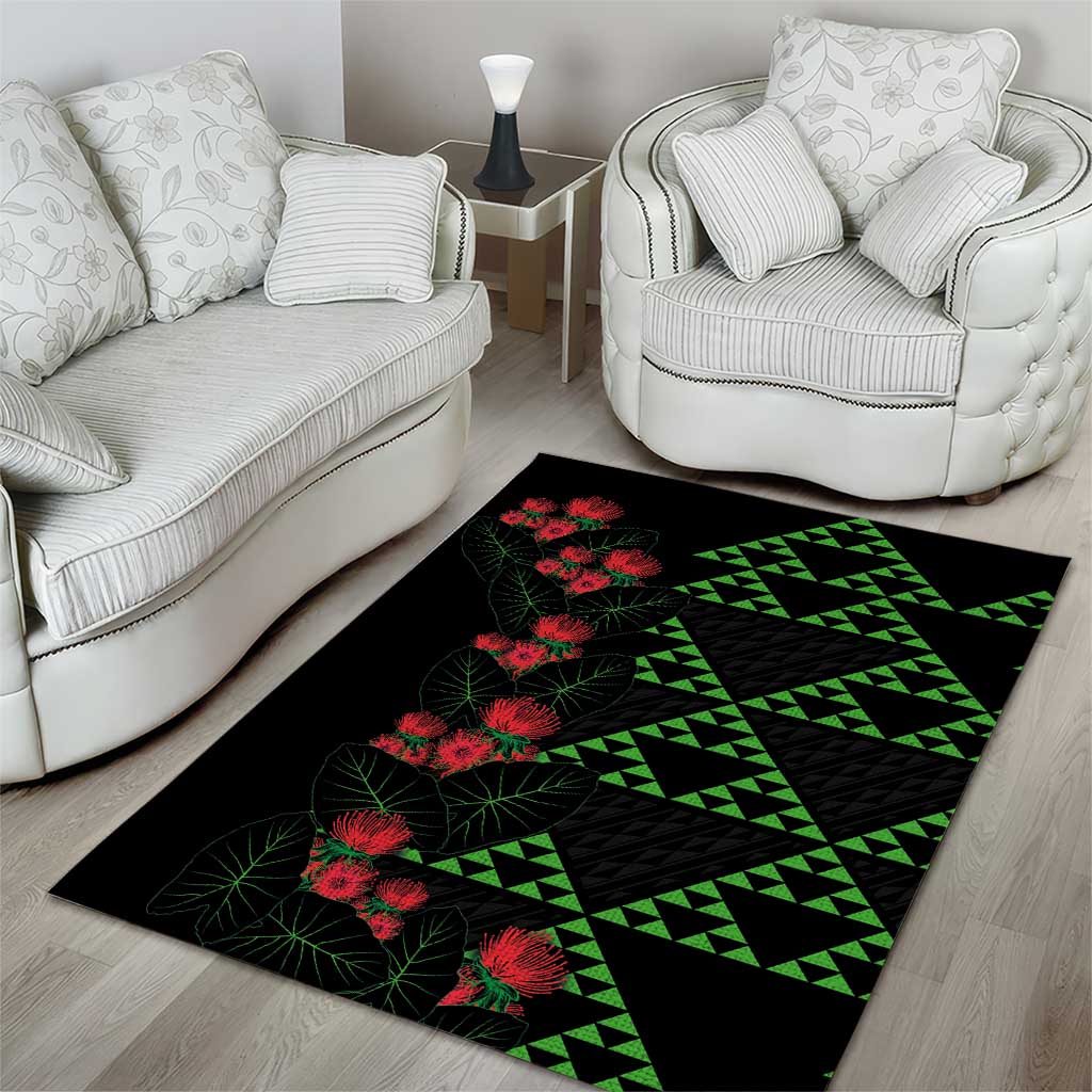 Hawaiian Green Kakau Art Tattoo-Ohia Lehua and Taro Leaves Area Rug LT03 - Polynesian Pride