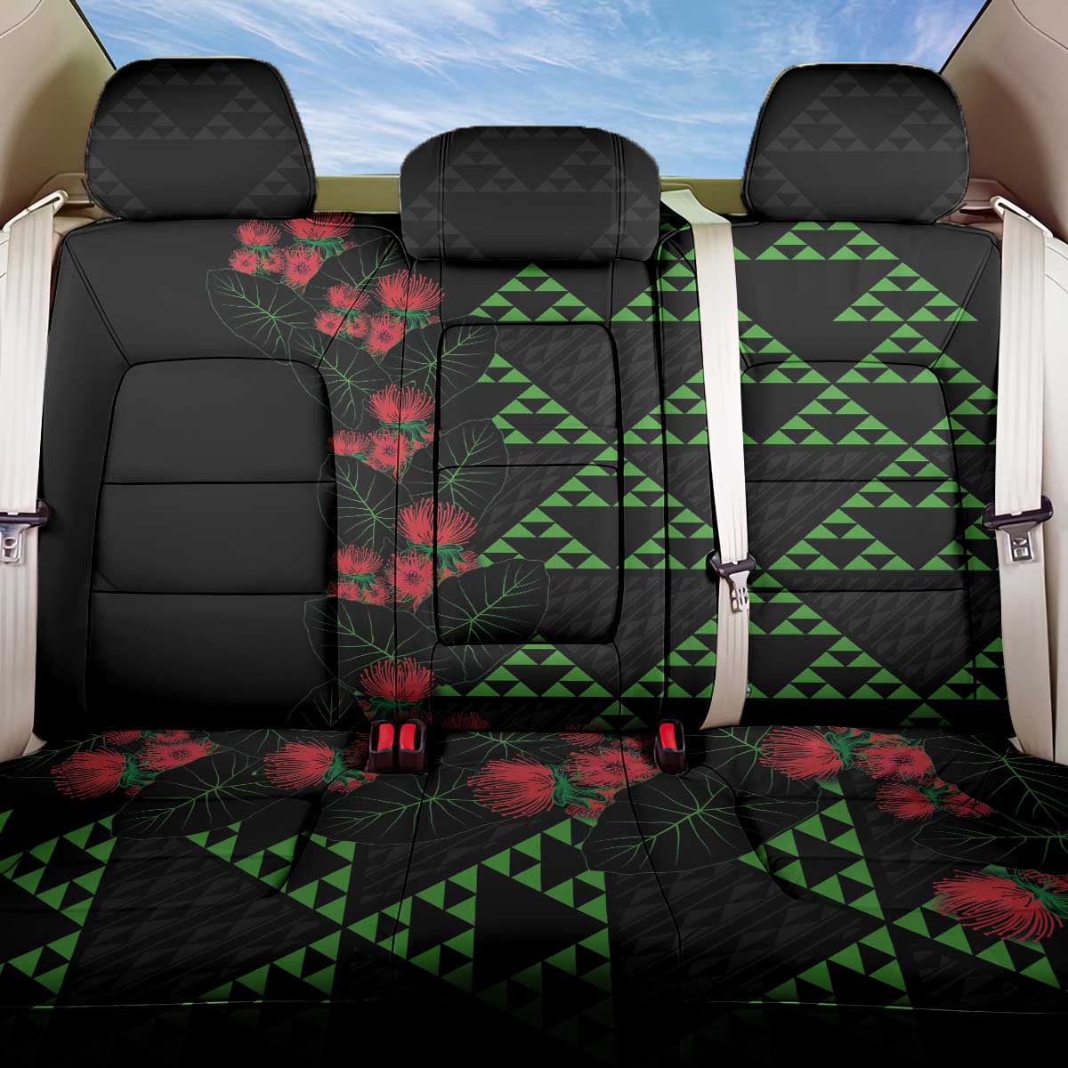 Hawaiian Green Kakau Art Tattoo-Ohia Lehua and Taro Leaves Back Car Seat Cover LT03 One Size Black-Green - Polynesian Pride