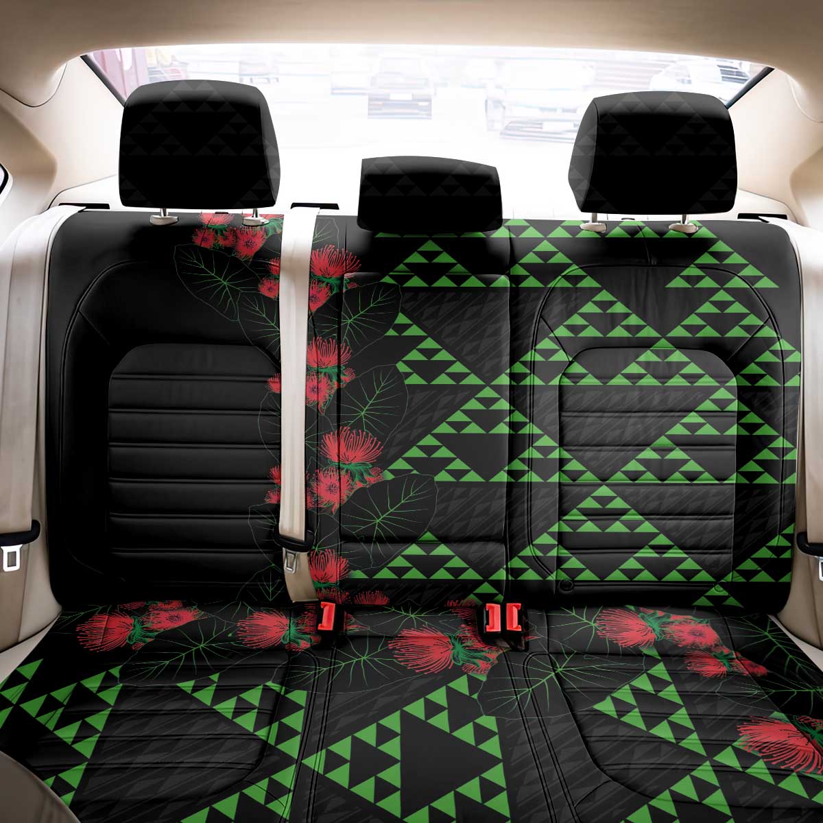 Hawaiian Green Kakau Art Tattoo-Ohia Lehua and Taro Leaves Back Car Seat Cover LT03 - Polynesian Pride