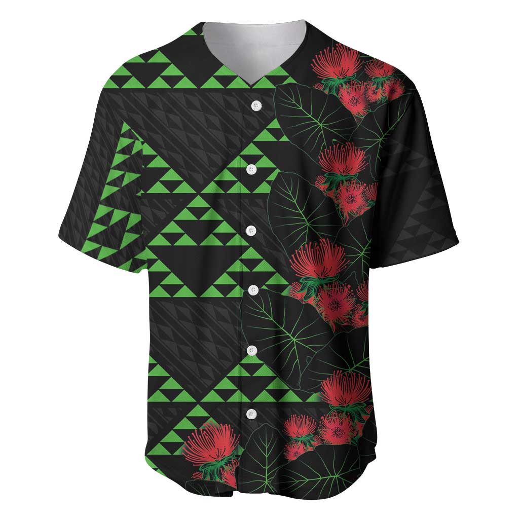 Hawaiian Green Kakau Art Tattoo-Ohia Lehua and Taro Leaves Baseball Jersey LT03 Black-Green - Polynesian Pride