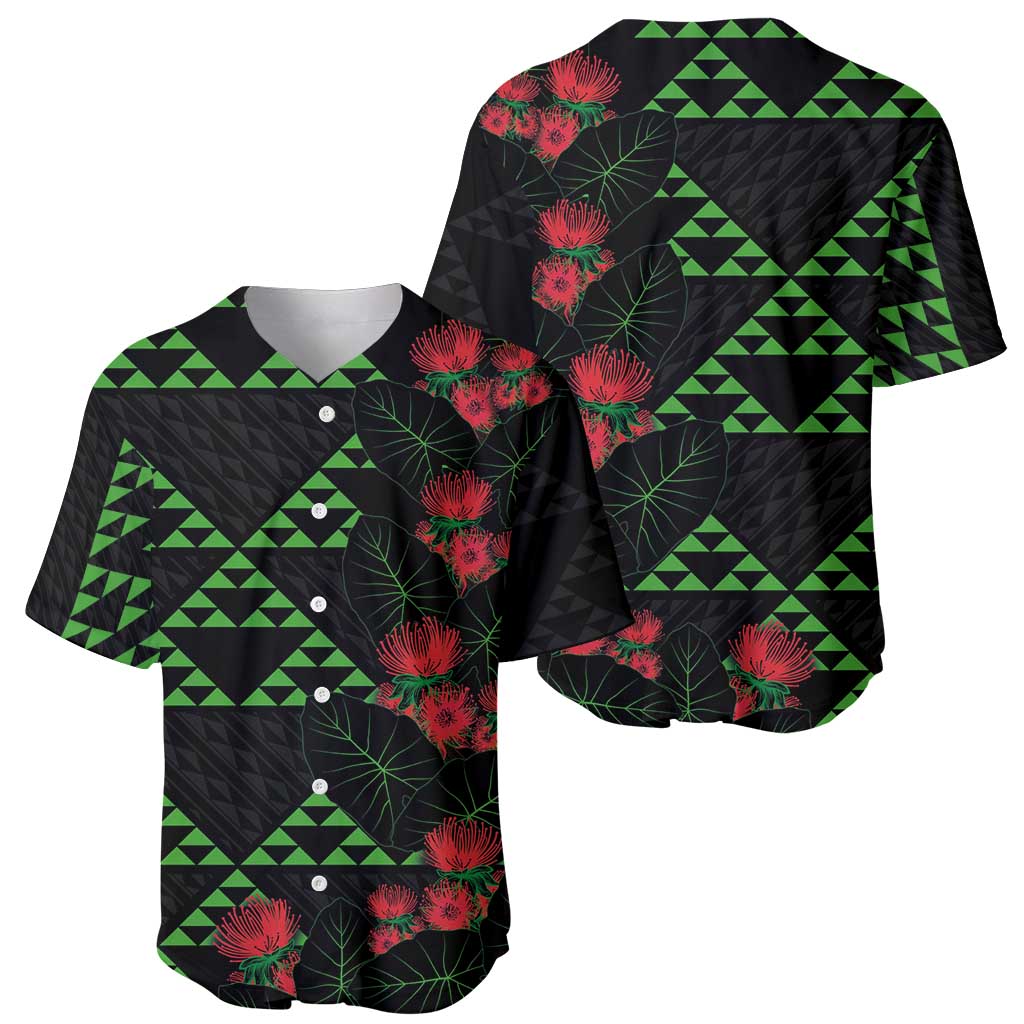 Hawaiian Green Kakau Art Tattoo-Ohia Lehua and Taro Leaves Baseball Jersey LT03 - Polynesian Pride