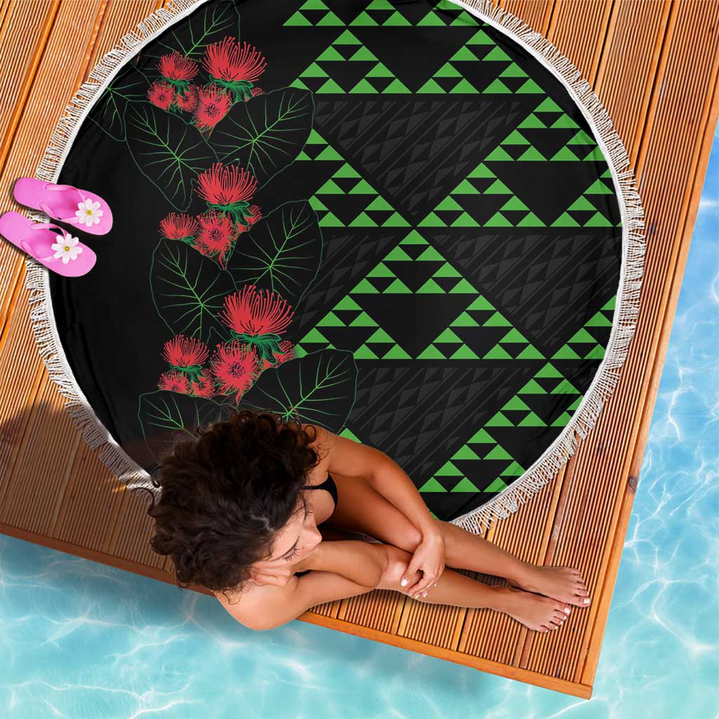 Hawaiian Green Kakau Art Tattoo-Ohia Lehua and Taro Leaves Beach Blanket LT03 - Polynesian Pride