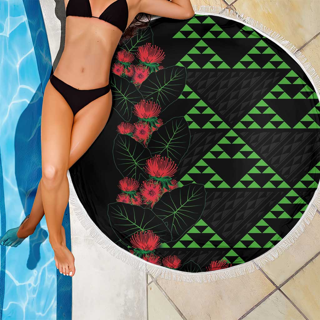 Hawaiian Green Kakau Art Tattoo-Ohia Lehua and Taro Leaves Beach Blanket LT03 - Polynesian Pride