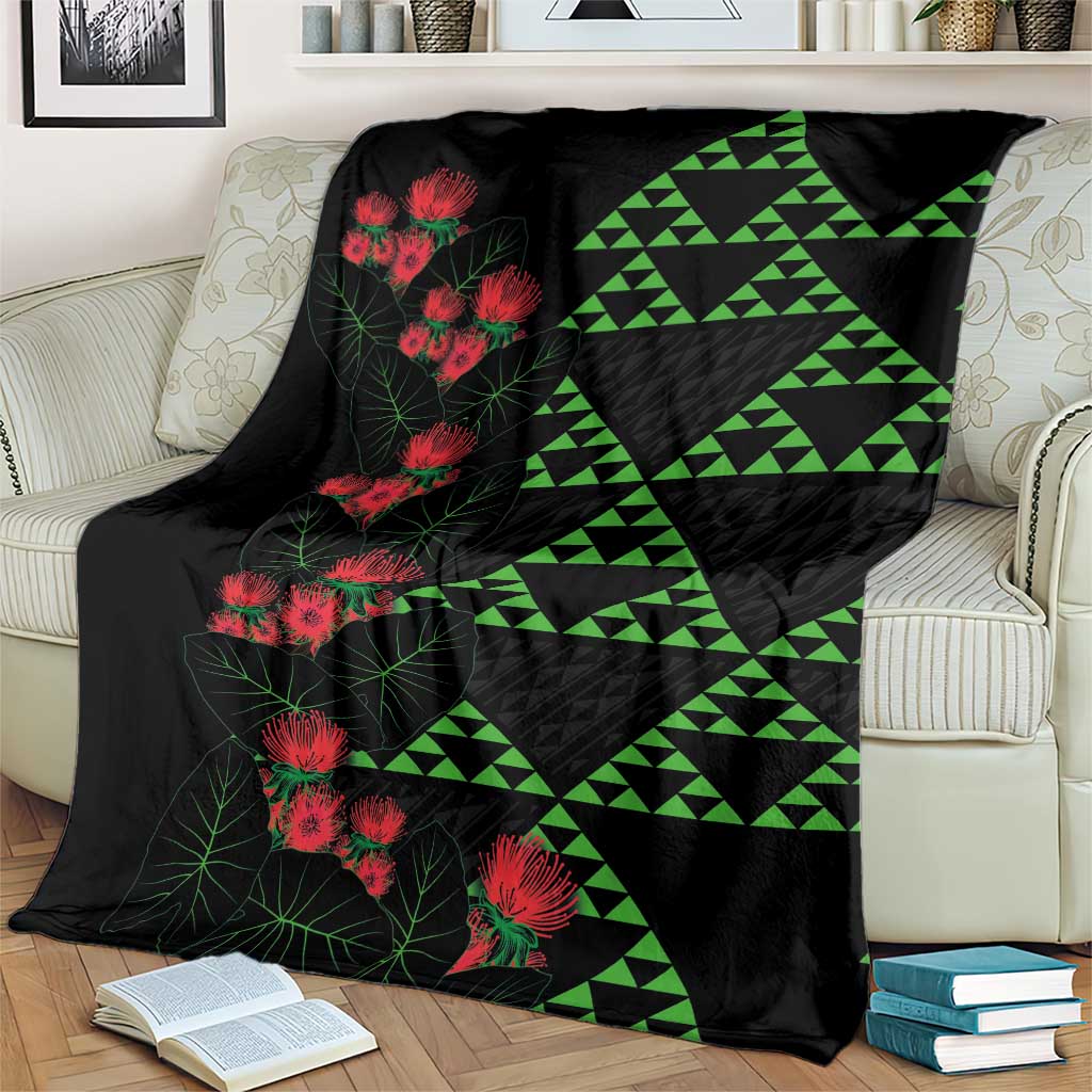 Hawaiian Green Kakau Art Tattoo-Ohia Lehua and Taro Leaves Blanket LT03 - Polynesian Pride