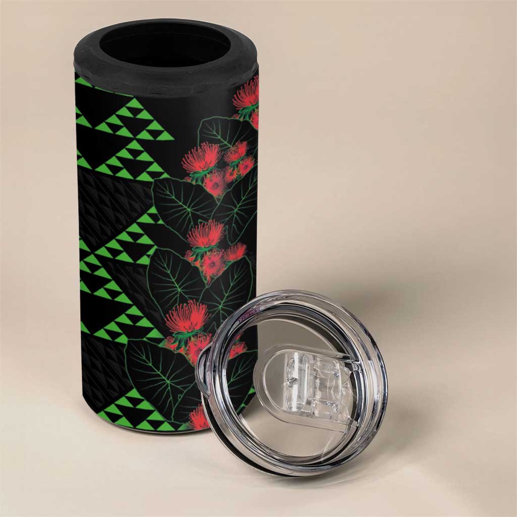 Hawaiian Green Kakau Art Tattoo-Ohia Lehua and Taro Leaves 4 in 1 Can Cooler Tumbler LT03 - Polynesian Pride