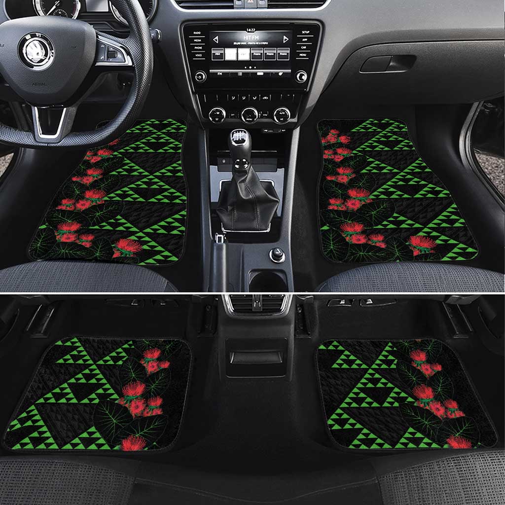 Hawaiian Green Kakau Art Tattoo-Ohia Lehua and Taro Leaves Car Mats LT03 Set 4pcs Black-Green - Polynesian Pride