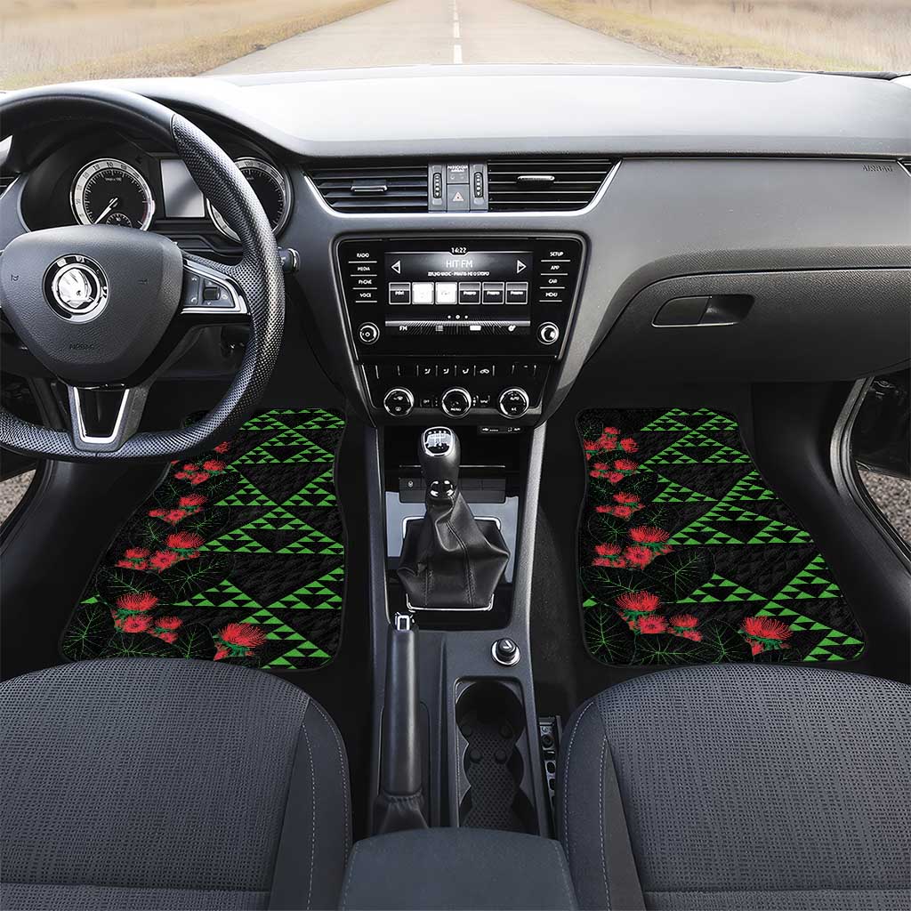 Hawaiian Green Kakau Art Tattoo-Ohia Lehua and Taro Leaves Car Mats LT03 Set 2pcs - Front Black-Green - Polynesian Pride