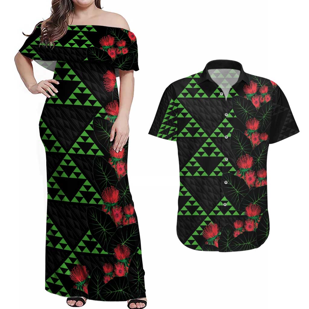Hawaiian Green Kakau Art Tattoo-Ohia Lehua and Taro Leaves Couples Matching Off Shoulder Maxi Dress and Hawaiian Shirt