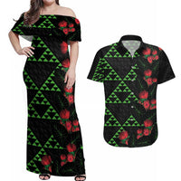 Hawaiian Green Kakau Art Tattoo-Ohia Lehua and Taro Leaves Couples Matching Off Shoulder Maxi Dress and Hawaiian Shirt