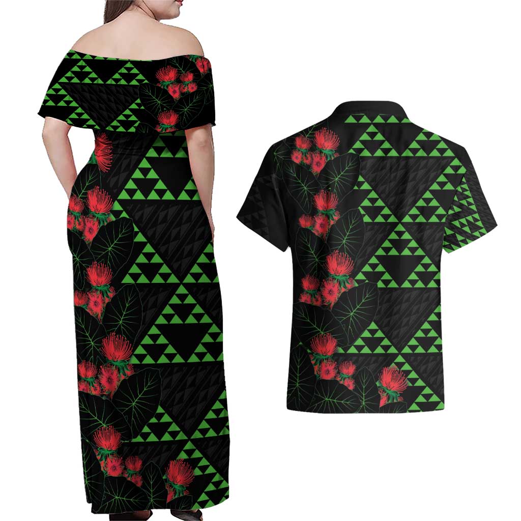 Hawaiian Green Kakau Art Tattoo-Ohia Lehua and Taro Leaves Couples Matching Off Shoulder Maxi Dress and Hawaiian Shirt