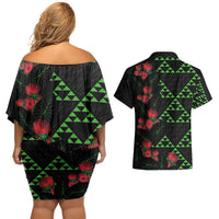Hawaiian Green Kakau Art Tattoo-Ohia Lehua and Taro Leaves Couples Matching Off Shoulder Short Dress and Hawaiian Shirt