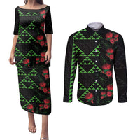Hawaiian Green Kakau Art Tattoo-Ohia Lehua and Taro Leaves Couples Matching Puletasi and Long Sleeve Button Shirt LT03 Black-Green - Polynesian Pride