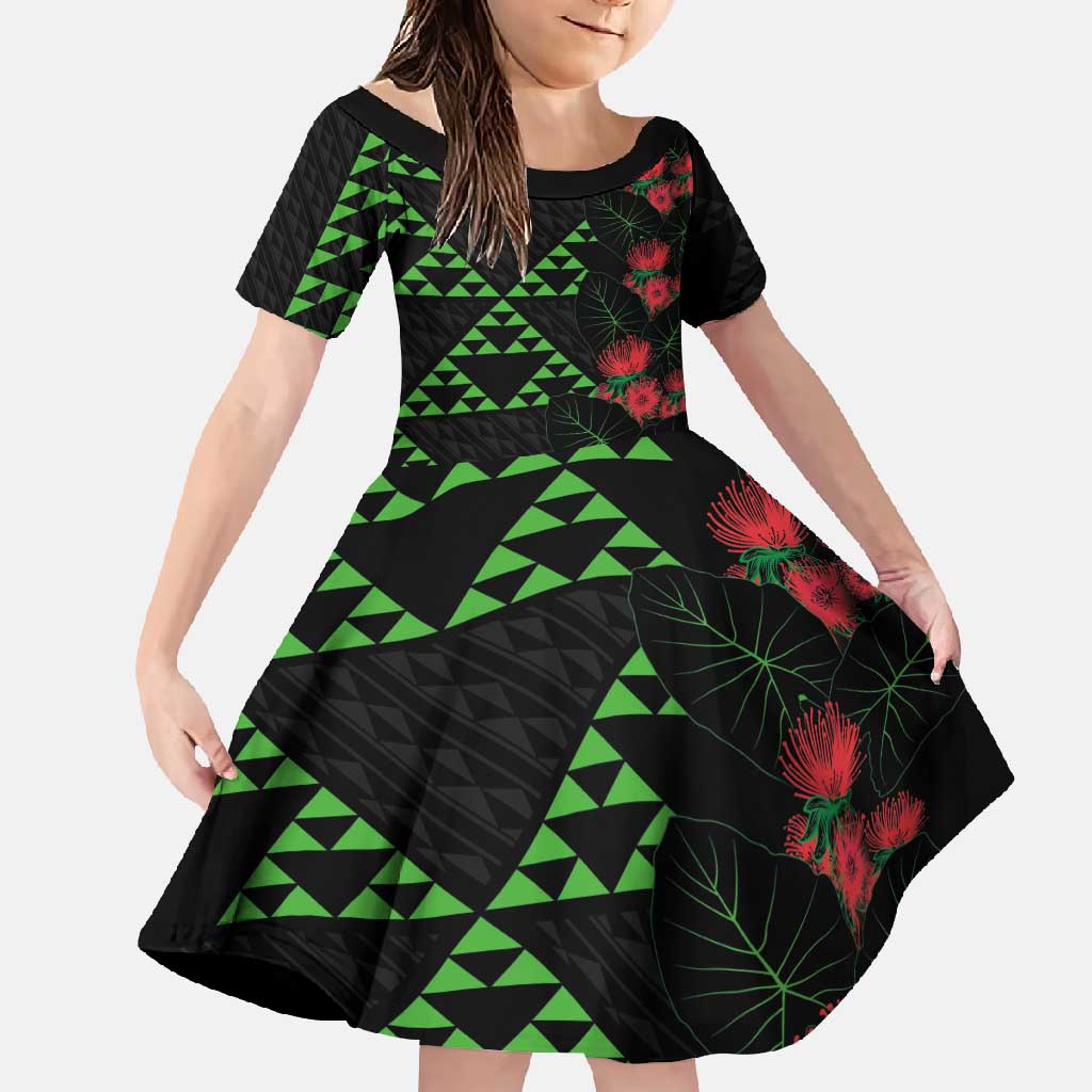Hawaiian Green Kakau Art Tattoo-Ohia Lehua and Taro Leaves Family Matching Mermaid Dress and Hawaiian Shirt LT03 Daughter's Dress Black-Green - Polynesian Pride