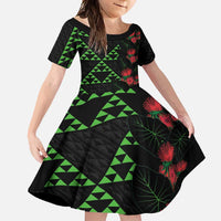 Hawaiian Green Kakau Art Tattoo-Ohia Lehua and Taro Leaves Family Matching Mermaid Dress and Hawaiian Shirt LT03 Daughter's Dress Black-Green - Polynesian Pride