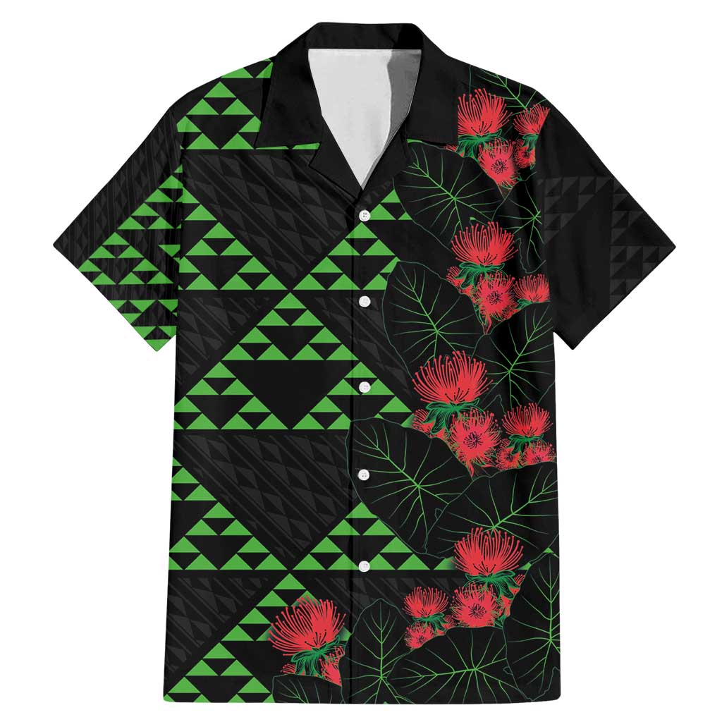 Hawaiian Green Kakau Art Tattoo-Ohia Lehua and Taro Leaves Family Matching Mermaid Dress and Hawaiian Shirt LT03 Dad's Shirt - Short Sleeve Black-Green - Polynesian Pride