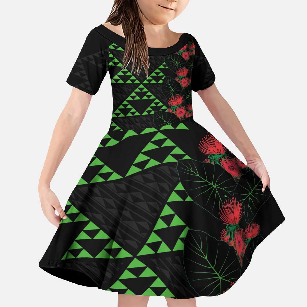 Hawaiian Green Kakau Art Tattoo-Ohia Lehua and Taro Leaves Family Matching Off Shoulder Maxi Dress and Hawaiian Shirt LT03 Daughter's Dress Black-Green - Polynesian Pride