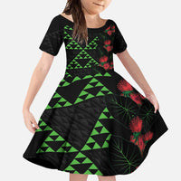 Hawaiian Green Kakau Art Tattoo-Ohia Lehua and Taro Leaves Family Matching Off Shoulder Maxi Dress and Hawaiian Shirt LT03 Daughter's Dress Black-Green - Polynesian Pride