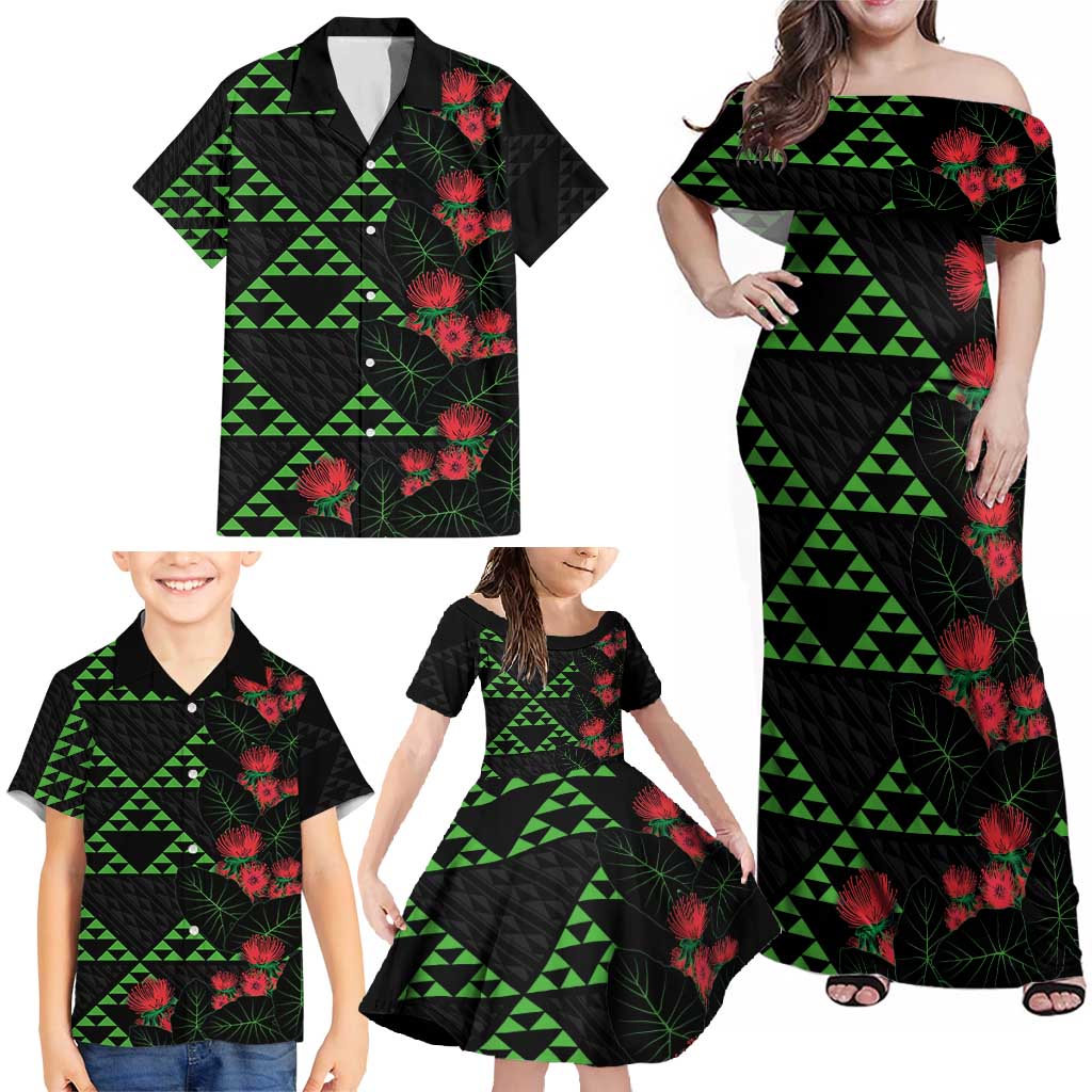 Hawaiian Green Kakau Art Tattoo-Ohia Lehua and Taro Leaves Family Matching Off Shoulder Maxi Dress and Hawaiian Shirt LT03 - Polynesian Pride