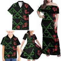 Hawaiian Green Kakau Art Tattoo-Ohia Lehua and Taro Leaves Family Matching Off Shoulder Maxi Dress and Hawaiian Shirt LT03 - Polynesian Pride