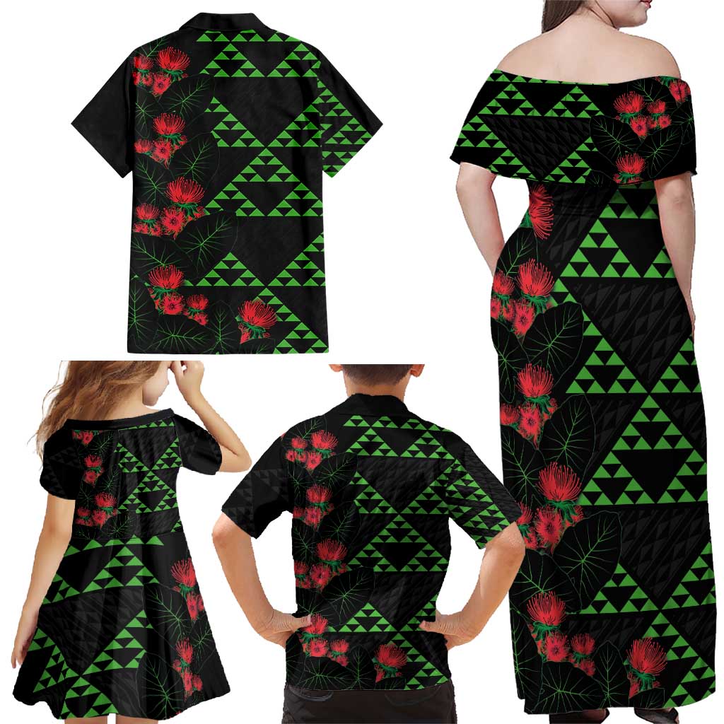 Hawaiian Green Kakau Art Tattoo-Ohia Lehua and Taro Leaves Family Matching Off Shoulder Maxi Dress and Hawaiian Shirt LT03 - Polynesian Pride